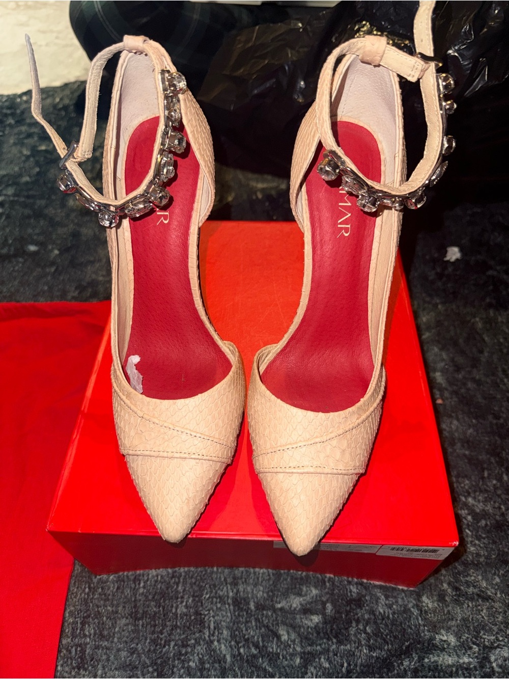 Pointed-Toe Ankle-Strap Heels in Blush with Jeweled Strap